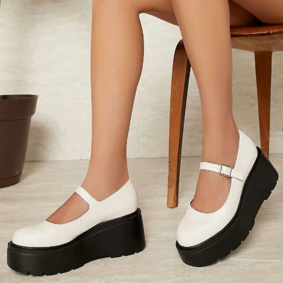 New White Platform Mary Jane Wedge Ballet Flats - Picture 1 of 7